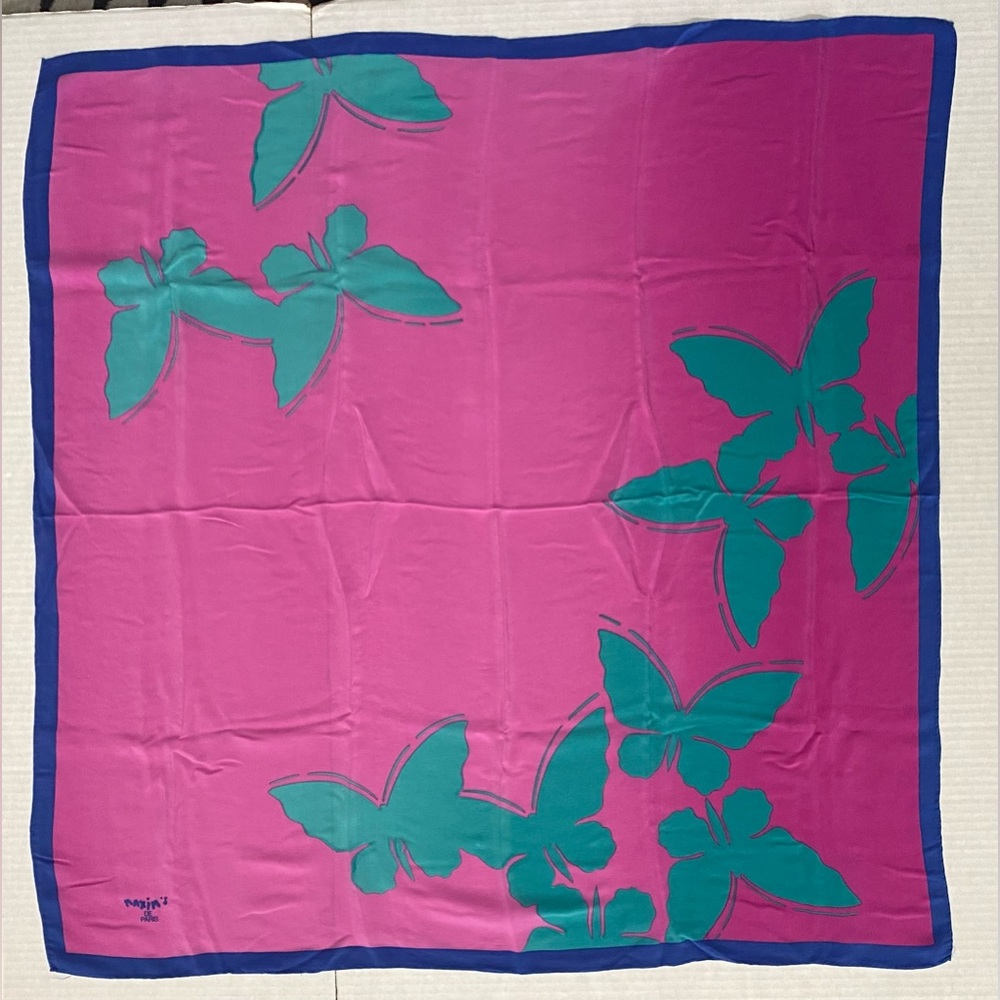 Maxim’s De Paris Silk Pink Ombré 33” Square Butterfly Scarf w/Blue Border - Picture 7 of 16
